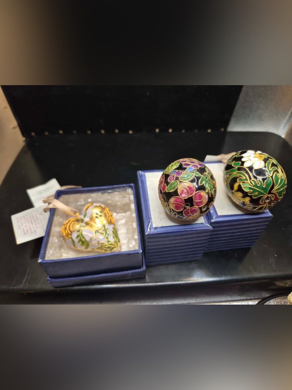 Lot Vintage Victorian Style Cloisonné Ornaments Faberge Type Enamel & Brass 3pcs - Picture 3 of 12